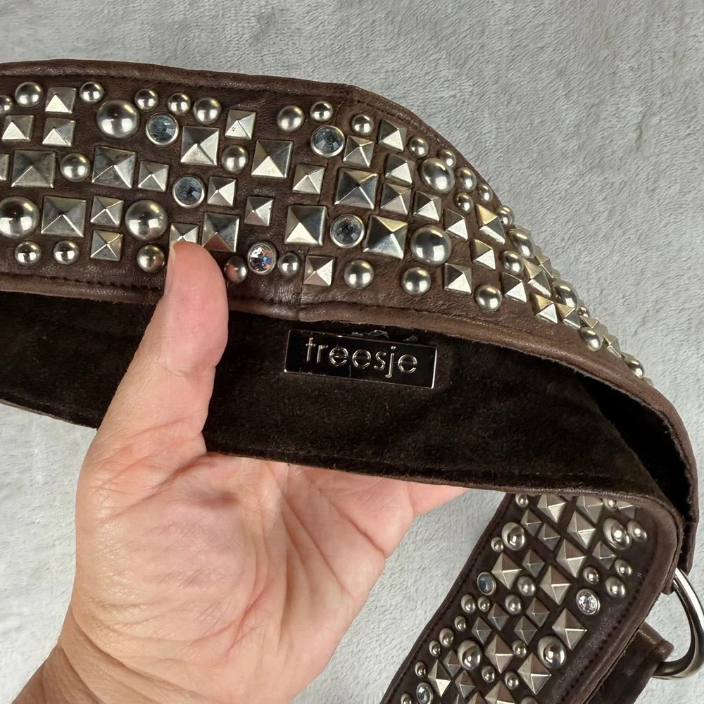 y2k Brown Leather Studded Wide Waist Belt Silver Pyramid Rivet Crystal 35in